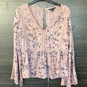 AEO Dusty Rose Blouse Floral Crochet Inserts Bell Sleeves Small